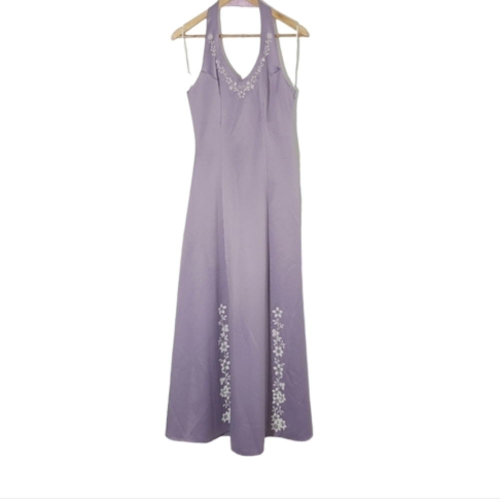Vintage 90s Seasons Design Inc Lilac Silver Halter Prom Dress Embellished Size M - Picture 7 of 13